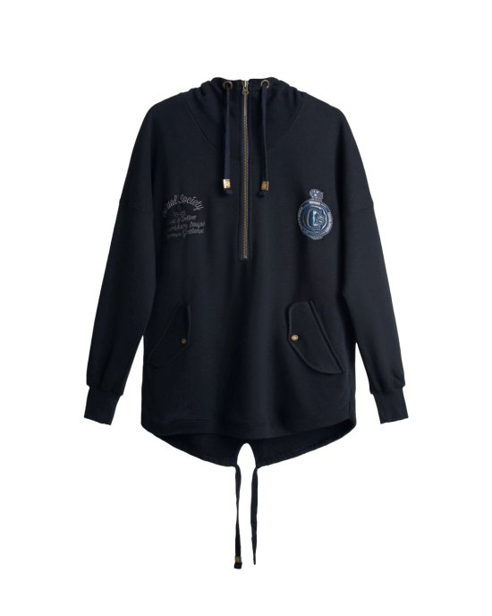 Men's Black Loop-back Cotton Sweatshirt Parka, with Casual Society Logo in Micro-Leather Embossed Embroidery Men's Black Loop-back Cotton Sweatshirt Parka, with Casual Society Logo in Micro-Leather Embossed Embroidery