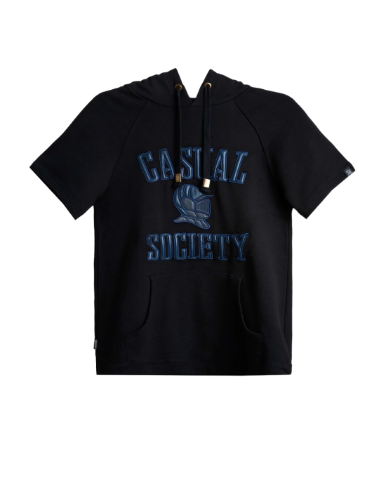 Men's Black Loop-Back Cotton Sweatshirt Hoodie with Micro-Leather Embossed Applique Embroidery Men's Black Loop-Back Cotton Sweatshirt Hoodie with Micro-Leather Embossed Applique Embroidery