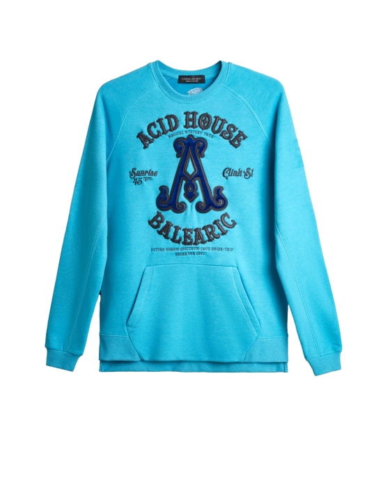 Men's Blue Loop-Back Cotton Sweatshirt with Casual Society Embossed Micro-Leather and Velvet Embroidery Men's Blue Loop-Back Cotton Sweatshirt with Casual Society Embossed Micro-Leather and Velvet Embroidery
