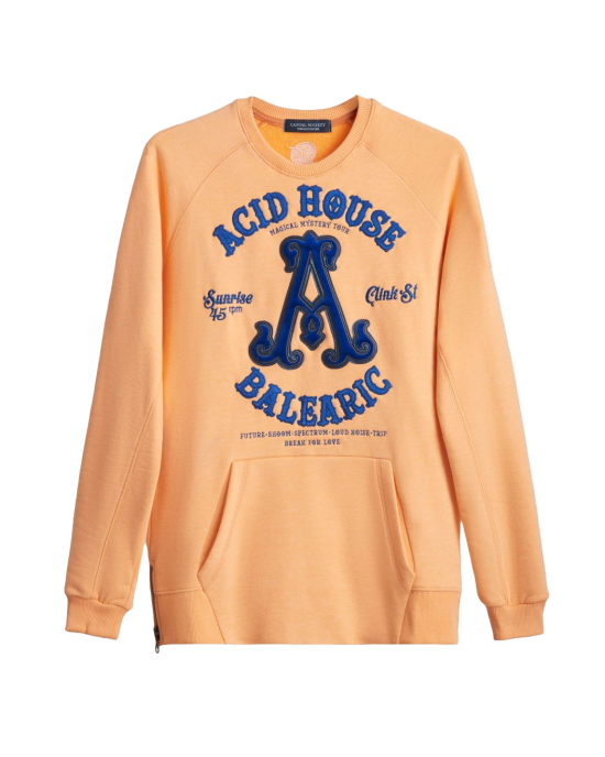 Mens, Pastel Orange Loop-Back Cotton Sweatshirt, with Casual Society Embossed Micro-Leather and Velvet Emroidery Mens, Pastel Orange Loop-Back Cotton Sweatshirt, with Casual Society Embossed Micro-Leather and Velvet Emroidery