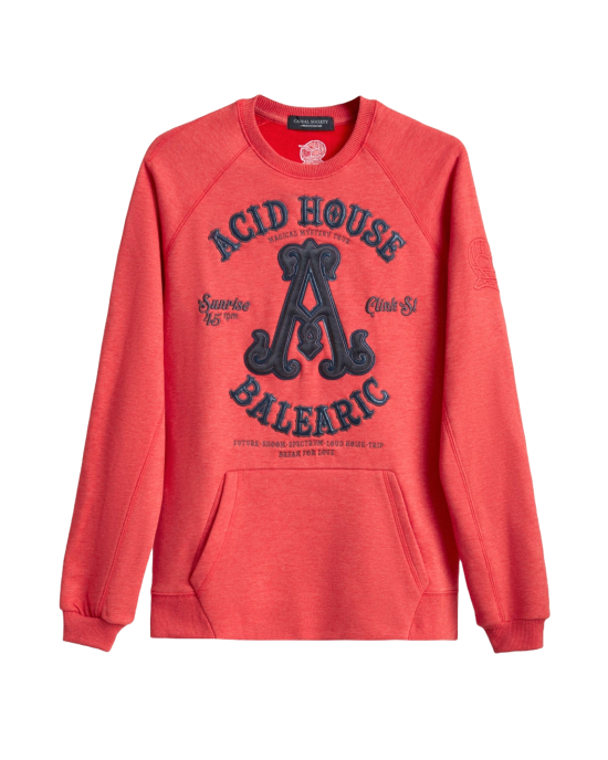 Mens Grenadine Red Loop-Back Cotton Sweatshirt, with Casual Society Embossed Micro-Leather and Velvet Emroidery Mens Grenadine Red Loop-Back Cotton Sweatshirt, with Casual Society Embossed Micro-Leather and Velvet Emroidery