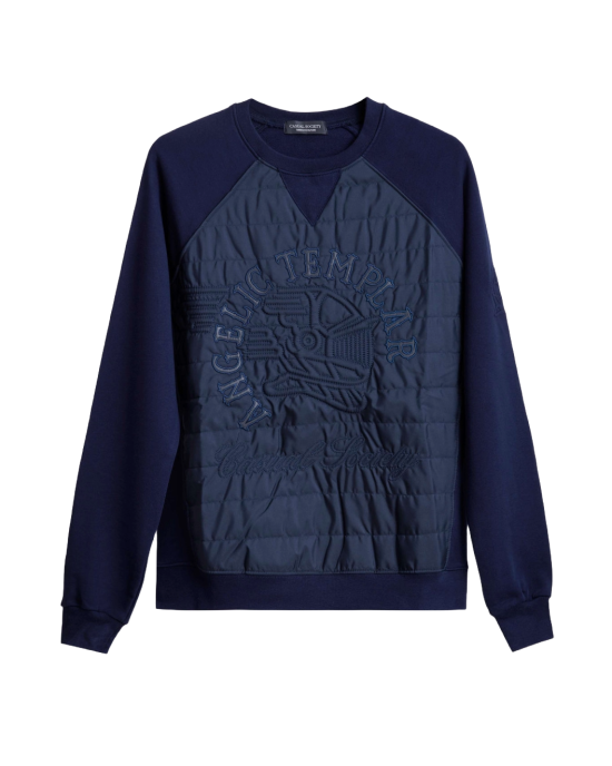 Men's Navy Loop-Back Cotton Sweatshirt, with Quilted Micro Leather and Velvet Applique Embroidery Men's Navy Loop-Back Cotton Sweatshirt, with Quilted Micro Leather and Velvet Applique Embroidery