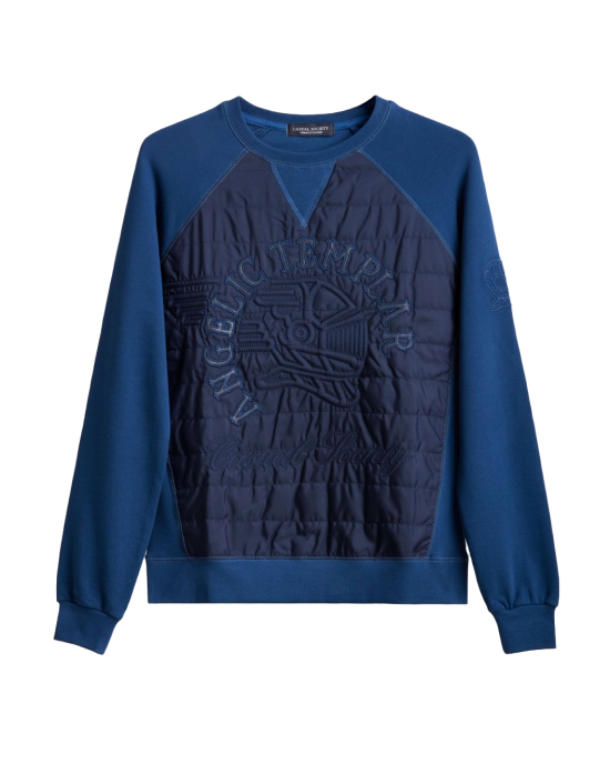 Men's Navy Loop-Back Cotton Sweatshirt, Quilted Fabric with Micro-Leather and Velvet Applique Men's Navy Loop-Back Cotton Sweatshirt, Quilted Fabric with Micro-Leather and Velvet Applique