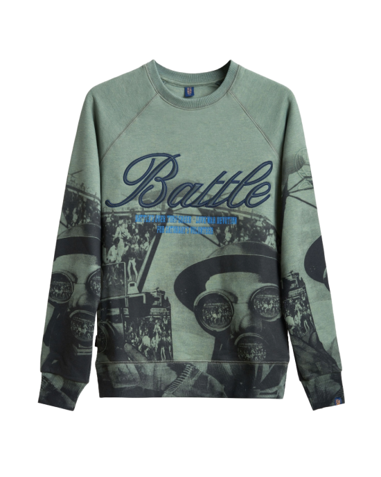 Men's Olive Loopback Sweatshirt, with Casual Society Micro-Laminate and Velvet Applique Embroidery Men's Olive Loopback Sweatshirt, with Casual Society Micro-Laminate and Velvet Applique Embroidery