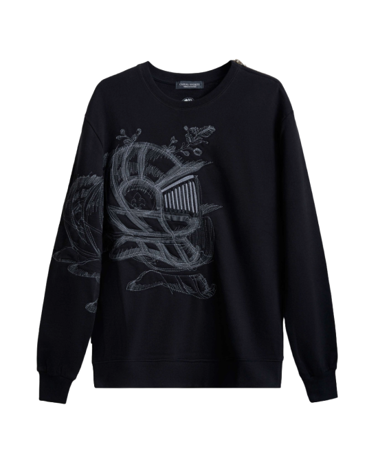 Men's Black Loop-Back Sweatshirt, with Casual Society Micro-Leather Applique Embossed Embroidery