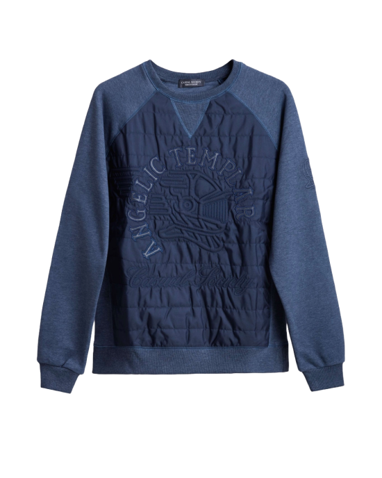 Men's Blue Loop-Back Cotton Sweatshirt with Micro-Leather and Velvet Applique Embossed Embroidery Men's Blue Loop-Back Cotton Sweatshirt with Micro-Leather and Velvet Applique Embossed Embroidery