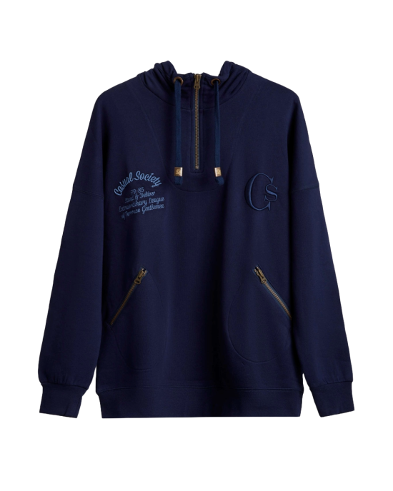 Men's Navy Loop-Back Cotton Sweatshirt Hoodie with Micro-Leather Embossed Applique Embroidery Men's Navy Loop-Back Cotton Sweatshirt Hoodie with Micro-Leather Embossed Applique Embroidery