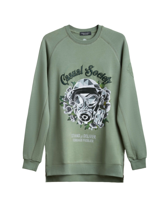 Men's Olive Loop-Back Sweatshirt, with Casual Society Velvet Applique and Embossed Embroidery Men's Olive Loop-Back Sweatshirt, with Casual Society Velvet Applique and Embossed Embroidery
