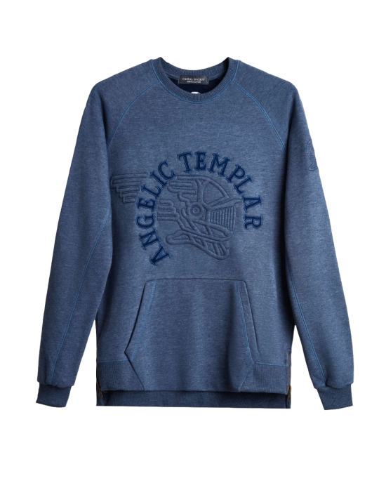 Men's Blue Loop-Back Cotton Sweatshirt, with Casual Society Embossed Micro-Leather and Velvet Embroidery Men's Blue Loop-Back Cotton Sweatshirt, with Casual Society Embossed Micro-Leather and Velvet Embroidery