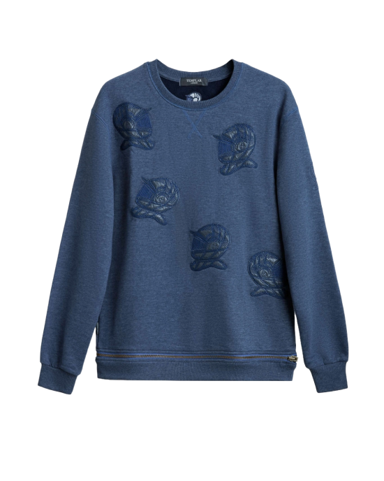 Men's Blue Loop-Back Cotton Sweatshirt, with Casual Society Micro-Leather Embroidery