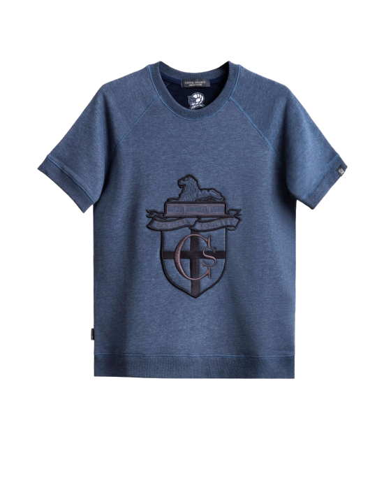 Men's Blue Loop-Back Sweatshirt, with Casual Society Micro-Leather Applique and Embossed Embroidery Men's Blue Loop-Back Sweatshirt, with Casual Society Micro-Leather Applique and Embossed Embroidery