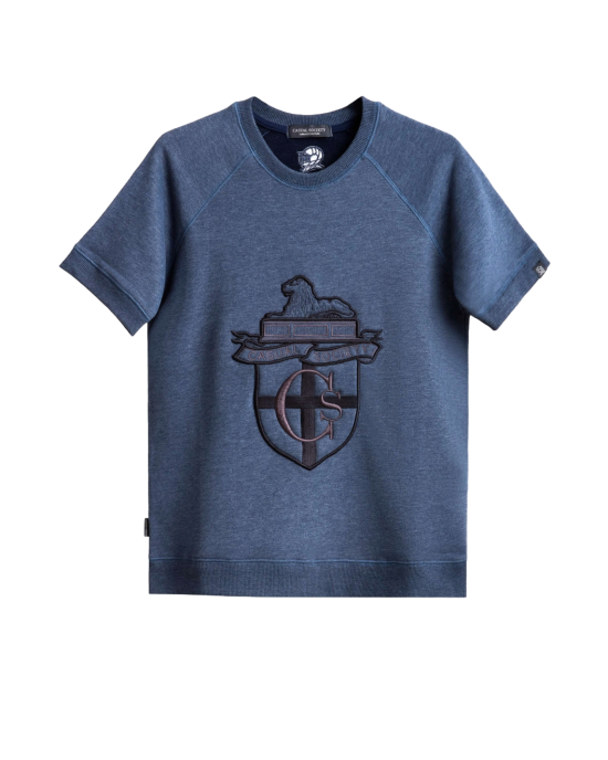 Men's Blue Loop-Back Sweatshirt, with Casual Society Micro-Leather Applique and Embossed Embroidery Men's Blue Loop-Back Sweatshirt, with Casual Society Micro-Leather Applique and Embossed Embroidery