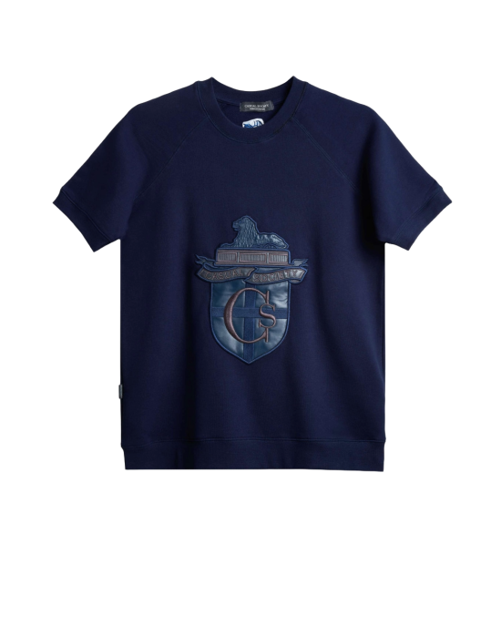 Men's Navy Blue Loop-Back Sweatshirt, with Casual Society Embossed Micro-Leather Applique Embroidery Men's Navy Blue Loop-Back Sweatshirt, with Casual Society Embossed Micro-Leather Applique Embroidery