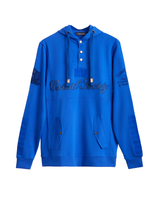 Men's Blue Single Jersey Hoodie, with Casual Society Micro-Laminate, Velvet Applique Embroidery Men's Blue Single Jersey Hoodie, with Casual Society Micro-Laminate, Velvet Applique Embroidery