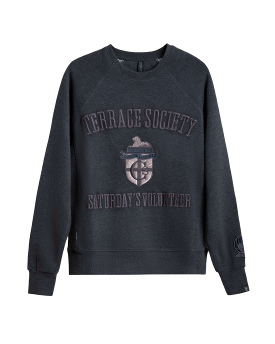 Men's Grey Loop-Back Cotton Sweatshirt, with Embossed Casual Society Micro-Leather & Velvet Embroidery Men's Grey Loop-Back Cotton Sweatshirt, with Embossed Casual Society Micro-Leather & Velvet Embroidery