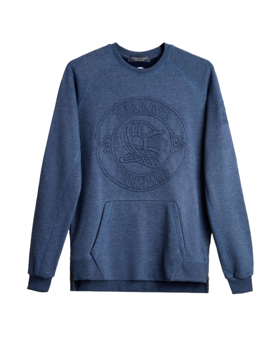 Men's Blue Loop-Back Cotton Sweatshirt, with Casual Society Embossed Micro-Leather and Velvet Embroidery Men's Blue Loop-Back Cotton Sweatshirt, with Casual Society Embossed Micro-Leather and Velvet Embroidery