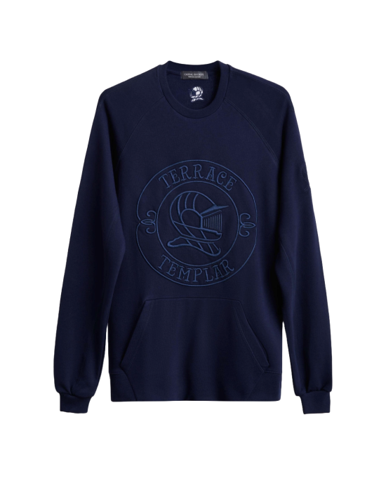 Men's Navy Loop-Back Cotton Sweatshirt, with Casual Society Embossed Micro-Leather and Velvet Emroidery Men's Navy Loop-Back Cotton Sweatshirt, with Casual Society Embossed Micro-Leather and Velvet Emroidery