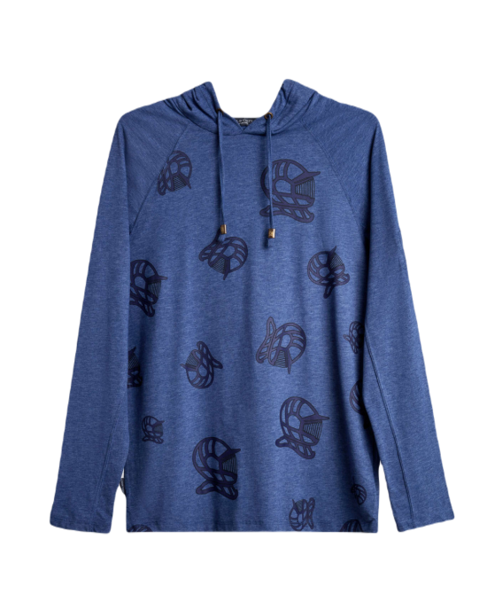 Men's Night Blue, Hooded Henley, with Casual Society All-Over Rubber Print, Embossed Embroidery Logo