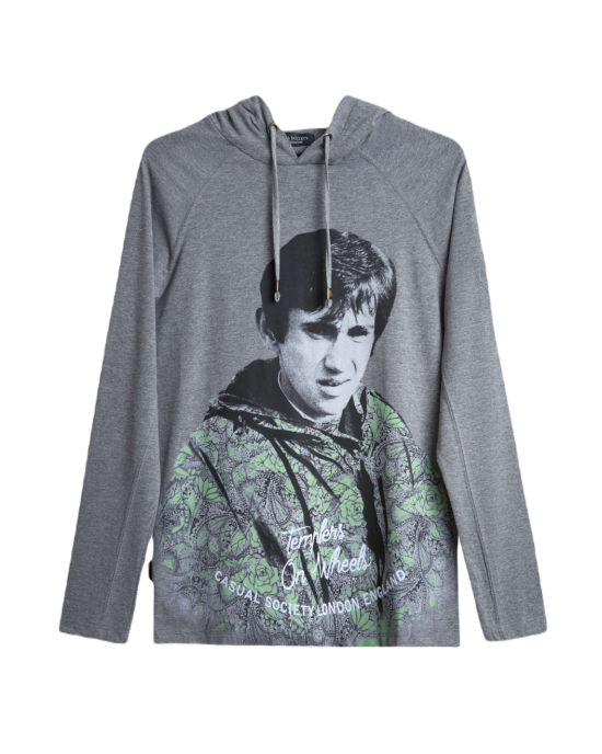 Men's Grey Hooded Cotton Henley Shirt, with Jimmy, Quadrophenia Film Set Print, with Embossed Embroidery Logo Men's Grey Hooded Cotton Henley Shirt, with Jimmy, Quadrophenia Film Set Print, with Embossed Embroidery Logo