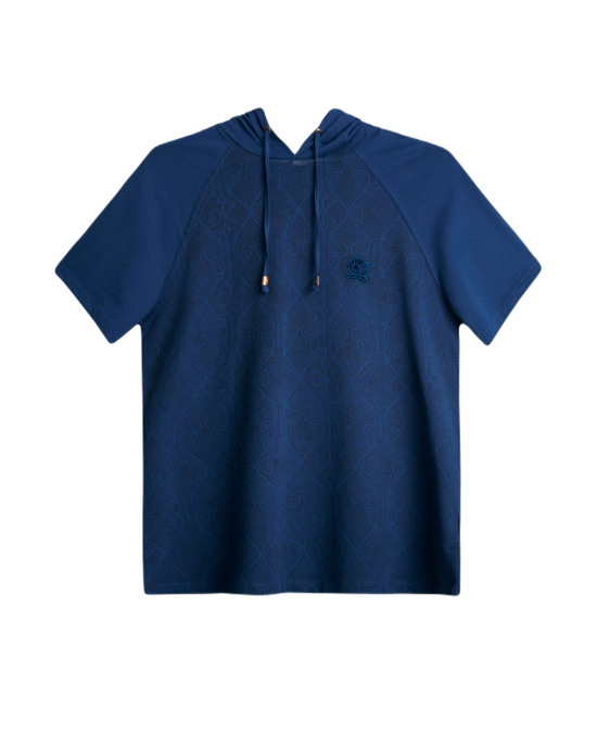 Men's Hazel Blue Hoodie T-Shirt, Antique Print & Velvet Applique Embroidery Logo Men's Hazel Blue Hoodie T-Shirt, Antique Print & Velvet Applique Embroidery Logo