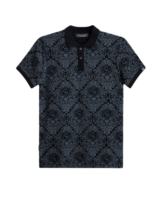 Men's Black Pique Polo, with Baroque Print and Casual Emboosed Society Logo Men's Black Pique Polo, with Baroque Print and Casual Emboosed Society Logo