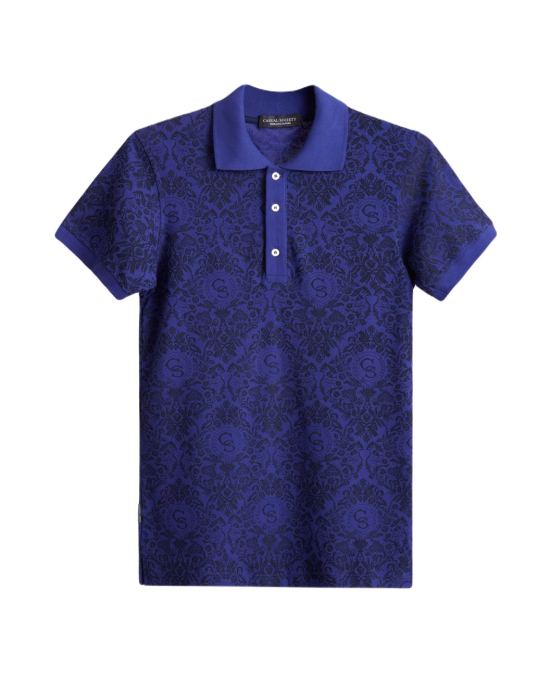 Men's Navy Pique Polo, with Baroque Print and Casual Emboosed Society Logo Men's Navy Pique Polo, with Baroque Print and Casual Emboosed Society Logo