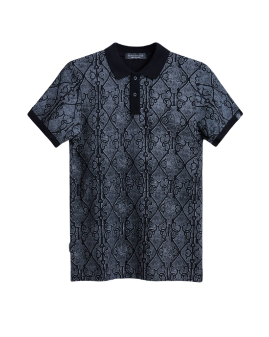 Men's Black Pique Polo, with Antique Gate Print, Featuring Casual Society Logo Men's Black Pique Polo, with Antique Gate Print, Featuring Casual Society Logo