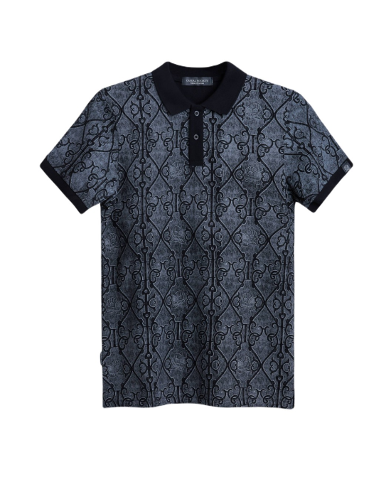 Men's Black Pique Polo, with Antique Gate Print, Featuring Casual Society Logo