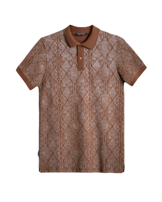 Men's Brown Pique Polo, with Antique Gate Print and Featuring Casual Society Logo Men's Brown Pique Polo, with Antique Gate Print and Featuring Casual Society Logo