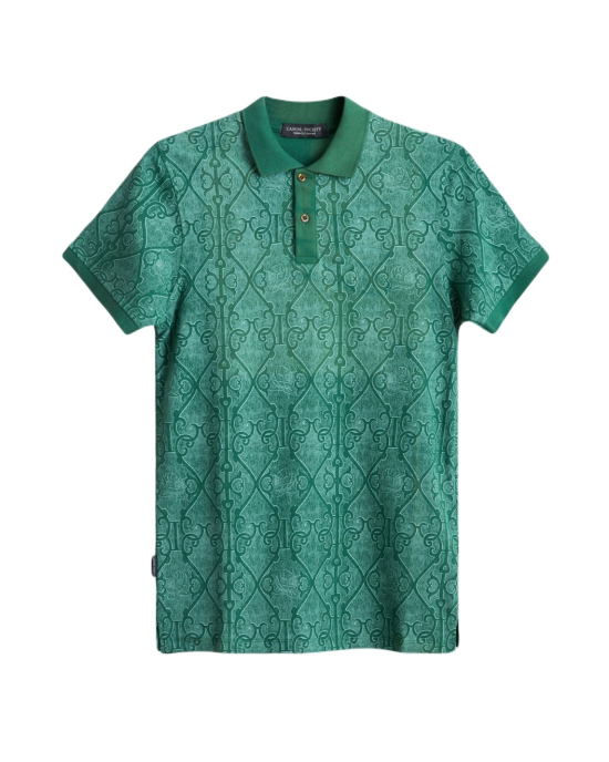 Men's Green Pique Polo, with Antique Gate Print Featuring Casual Logo Men's Green Pique Polo, with Antique Gate Print Featuring Casual Logo