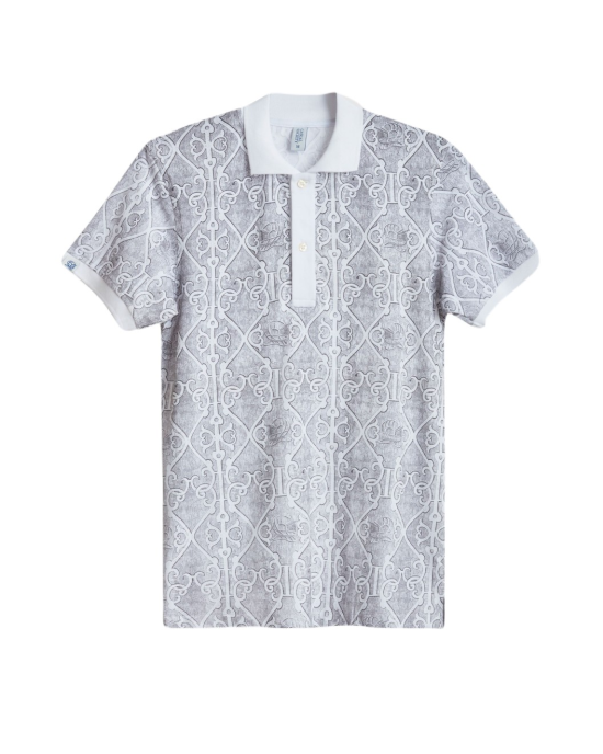 Men's White Pique Polo, with Antique Gate Print Featuring Casual Logo Men's White Pique Polo, with Antique Gate Print Featuring Casual Logo