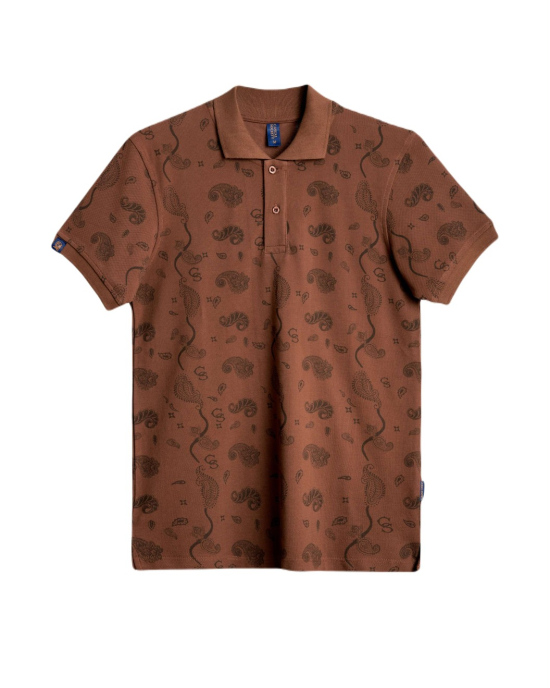 Men's Brown Pique Polo, with Soho 1964 all-over Paisley Print Men's Brown Pique Polo, with Soho 1964 all-over Paisley Print