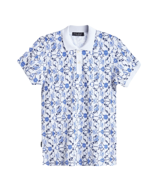 Men's White Polo, with Paisley Print and Embossed Casual Society Logo Men's White Polo, with Paisley Print and Embossed Casual Society Logo