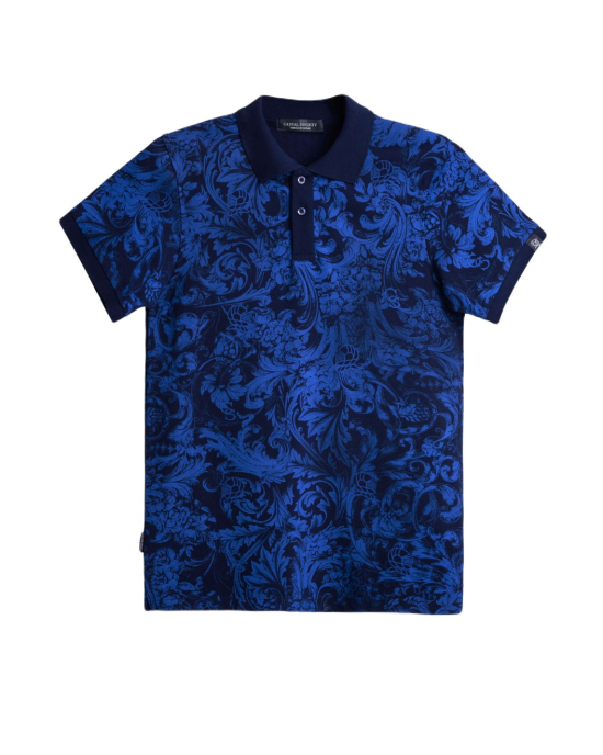 Men's Navy Polo, with Baroque Wall Paper Print and Embossed Casual Society Logo Men's Navy Polo, with Baroque Wall Paper Print and Embossed Casual Society Logo