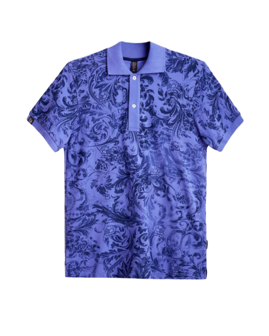 Men's Blue Polo, with Baroque Wall Paper Print and Embossed Casual Society Logo Men's Blue Polo, with Baroque Wall Paper Print and Embossed Casual Society Logo