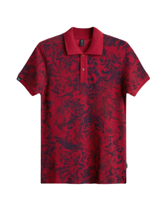 Men's Red Polo, with Baroque Wall Paper Print and Embossed Casual Society Logo Men's Red Polo, with Baroque Wall Paper Print and Embossed Casual Society Logo
