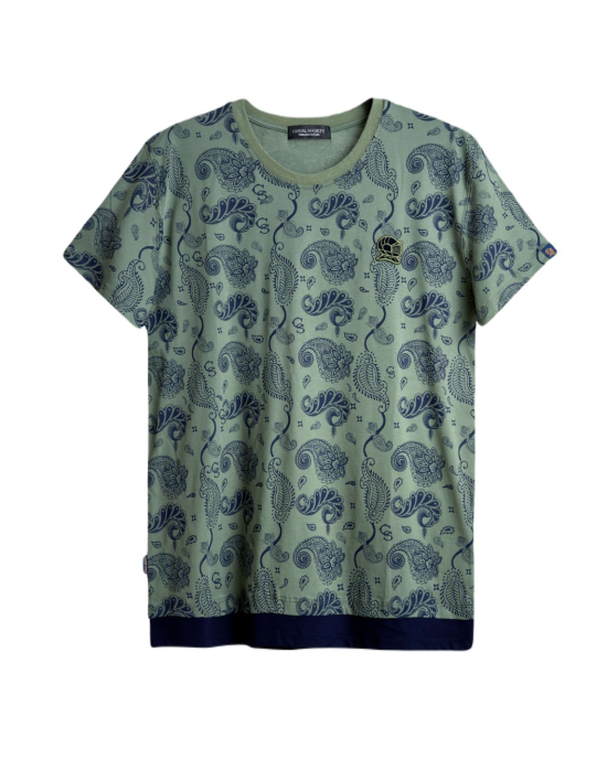 Men's Olive Jersey T-Shirt, Casual Society Paisley Monogram Print Men's Olive Jersey T-Shirt, Casual Society Paisley Monogram Print