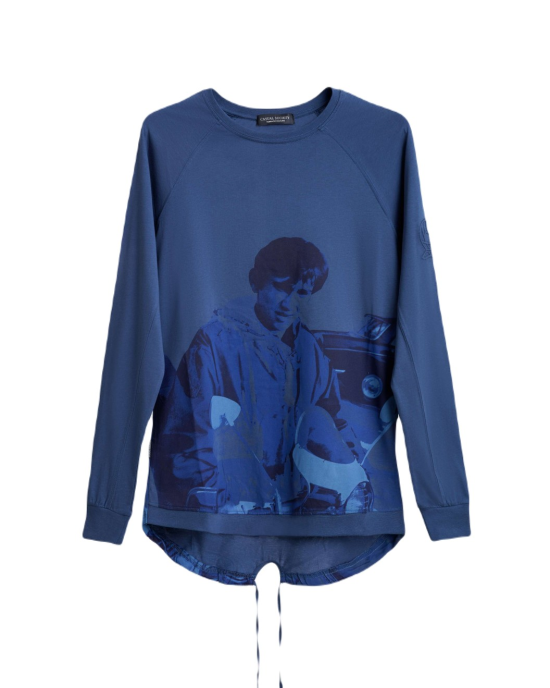 Men's Hazel Blue Henley Shirt, with Jimmy - Phil Daniels Quadrophenia Print, with Embossed Embroidery Logo  Men's Hazel Blue Henley Shirt, with Jimmy - Phil Daniels Quadrophenia Print, with Embossed Embroidery Logo