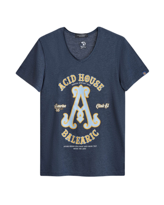 Men's Night Blue Cotton Melange T-Shirt, A For Acid Summer of  88 Sunrise-Clink St Rubber Print & Velvet Motif Men's Night Blue Cotton Melange T-Shirt, A For Acid Summer of  88 Sunrise-Clink St Rubber Print & Velvet Motif