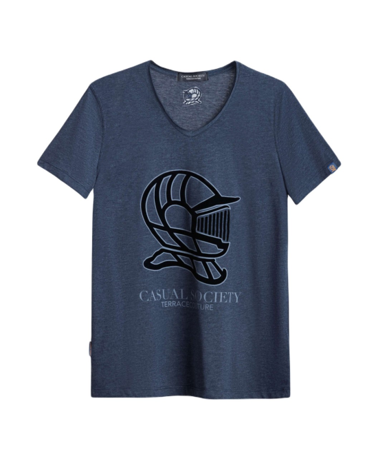 Men's Night Blue Cotton Melange T-Shirt, with Classic Casual Society Logo, Black Flock Print & Velvet Embroiery Logo Rear Men's Night Blue Cotton Melange T-Shirt, with Classic Casual Society Logo, Black Flock Print & Velvet Embroiery Logo Rear