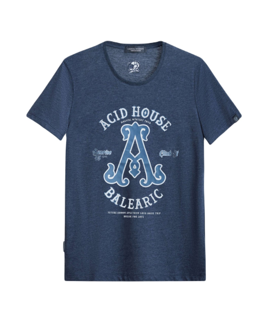 Men's Night Blue Cotton Melange T-Shirt, with A for Acid House Embossed Rubber Print, Embroidery Velvet Logo Rear Men's Night Blue Cotton Melange T-Shirt, with A for Acid House Embossed Rubber Print, Embroidery Velvet Logo Rear