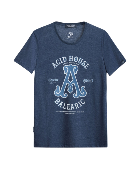 Men's Night Blue Cotton Melange T-Shirt, with A for Acid House Embossed Rubber Print, Embroidery Velvet Logo Rear Men's Night Blue Cotton Melange T-Shirt, with A for Acid House Embossed Rubber Print, Embroidery Velvet Logo Rear