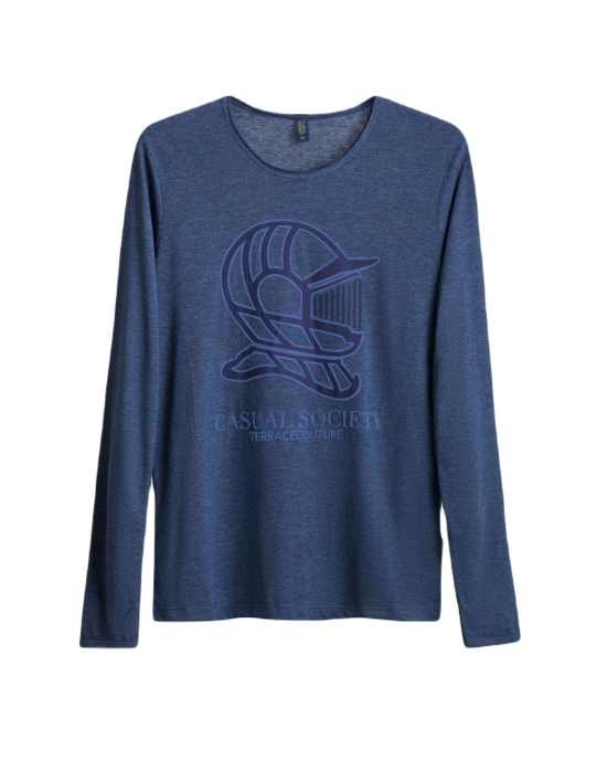 Men's Navy Cotton Melange, Henley Shirt, with Casual Society Logo in Navy Flock Print Men's Navy Cotton Melange, Henley Shirt, with Casual Society Logo in Navy Flock Print