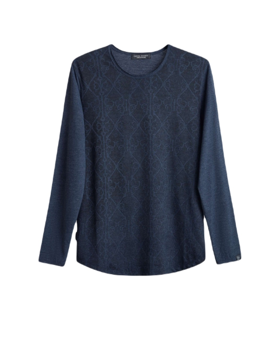 Men's Night Blue Melange Henley Shirt, with Antique Barouque All-over Print on Front Panel Men's Night Blue Melange Henley Shirt, with Antique Barouque All-over Print on Front Panel